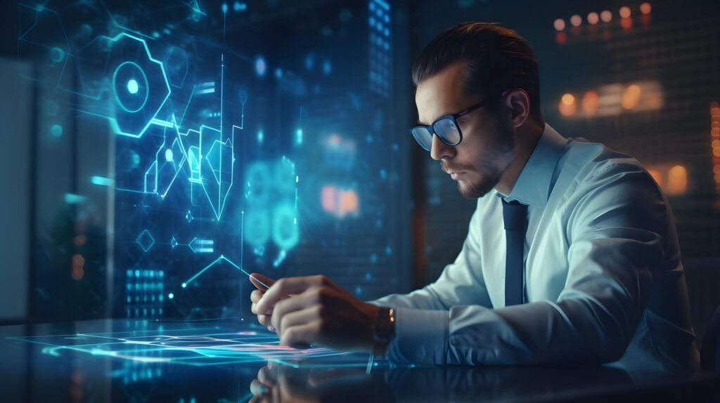 Homem realizando tarefas utilizando Inteligência Artificial em um escritório de contabilidade.