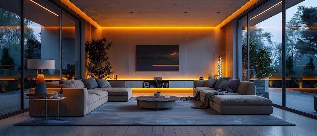 Displays de tela sensível ao toque para casas inteligentes com controles personalizados e iluminação adaptativa – conceito de automação residencial.
