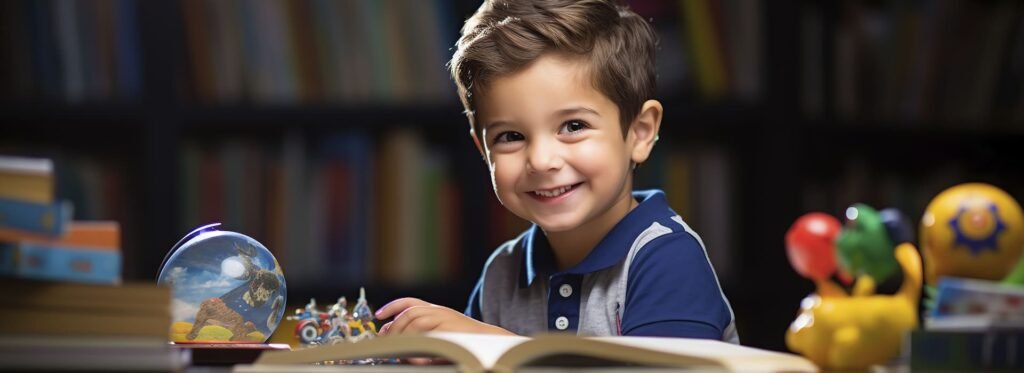 Menino sorridente de aproximadamente 5 anos, com cabelos castanhos curtos e pele clara, sentado em uma mesa com um livro aberto. Ele está em um ambiente semelhante a uma biblioteca, com estantes de livros ao fundo. Ao redor da mesa, há brinquedos coloridos, incluindo uma bola de neve com uma imagem de um lobo e pequenos bonecos. A iluminação suave destaca seu rosto expressivo e alegre.