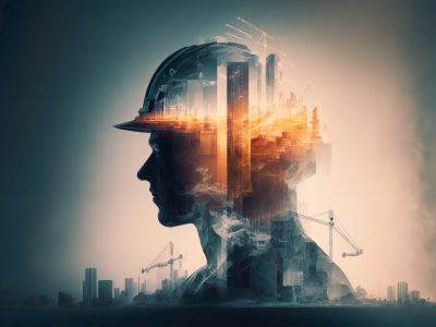 Construction related background with a suited man with a helmet at construction site , business, building, Future building construction engineering project concept , Generative Ai